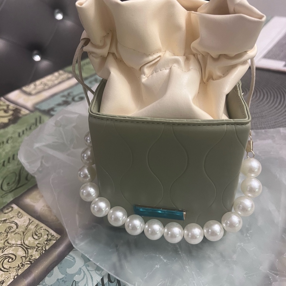 Chic Green and White Mini Bag with Pearl Accents
